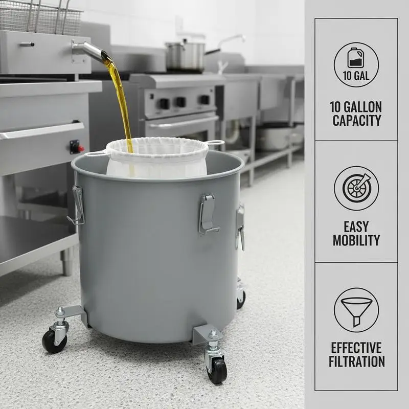 Contenedor para aceite de freidora/recipiente de desecho de 37.8 L con base con ruedas, revestimiento de acero al carbono resistente a la oxidación, contenedor de transporte de aceite con tapa, bolsa de filtro para filtrar aceite caliente, gris