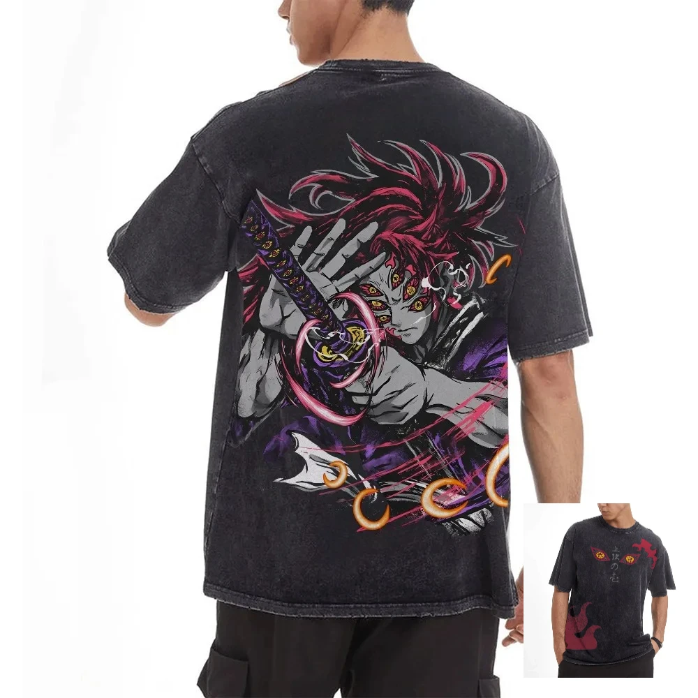 Demon Slayer Washed T-Shirt Unisex Oversized Casual Streetwear High Quality Cotton Anime Graphic Tee Kimetsu No Yaiba Cosplay