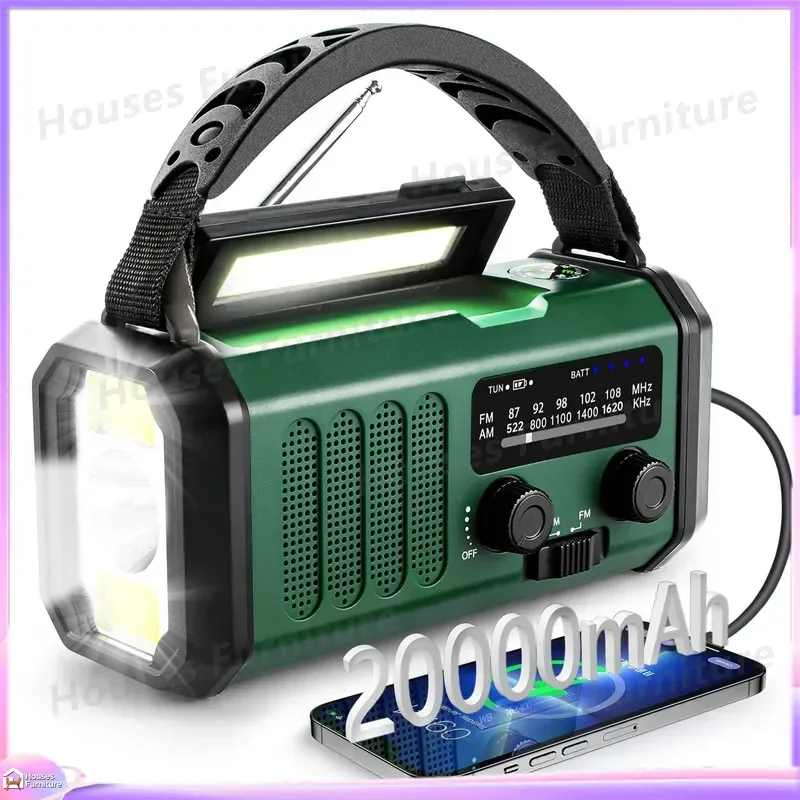 For Portable Emergency Radio 20000mAh Power Bank Solar Hand Crank AM FM NOAA Weather Alert Flashlight SOS Disaster Survival