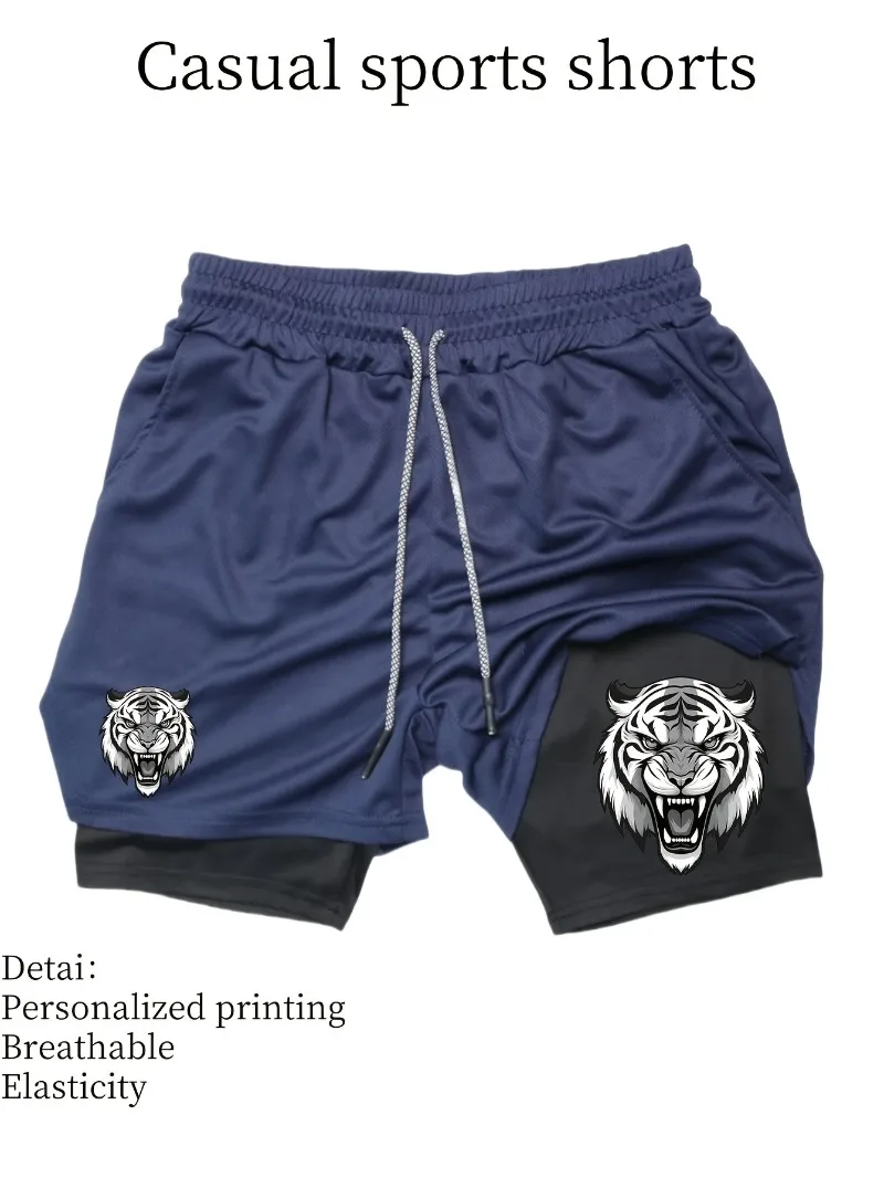 شورت رياضي رجالي سريع الجفاف شورت شبكي يسمح بالتهوية مع تصميم طباعة النمر في صالة الألعاب الرياضية برباط مطاطي وحزام خصر للتمرين