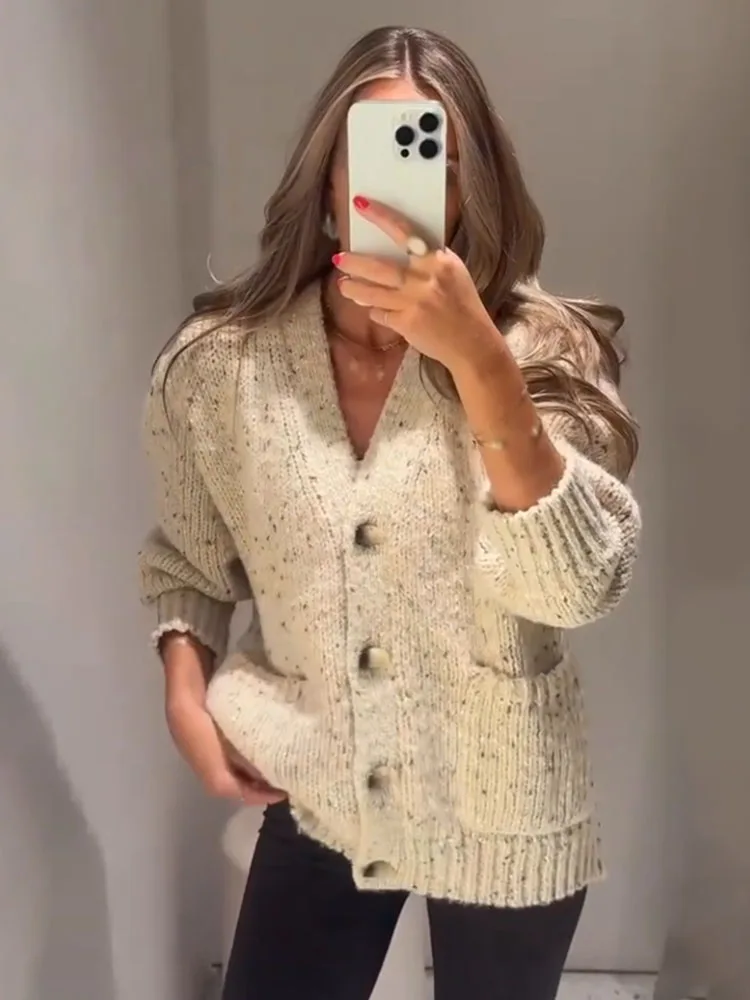 Oat Speckled Chunky Knit Cardigan V Neck Wooden Buttons Patch Pockets Rib Cuff Hem Oversized Loose Warm Sweater Outerwear 202606