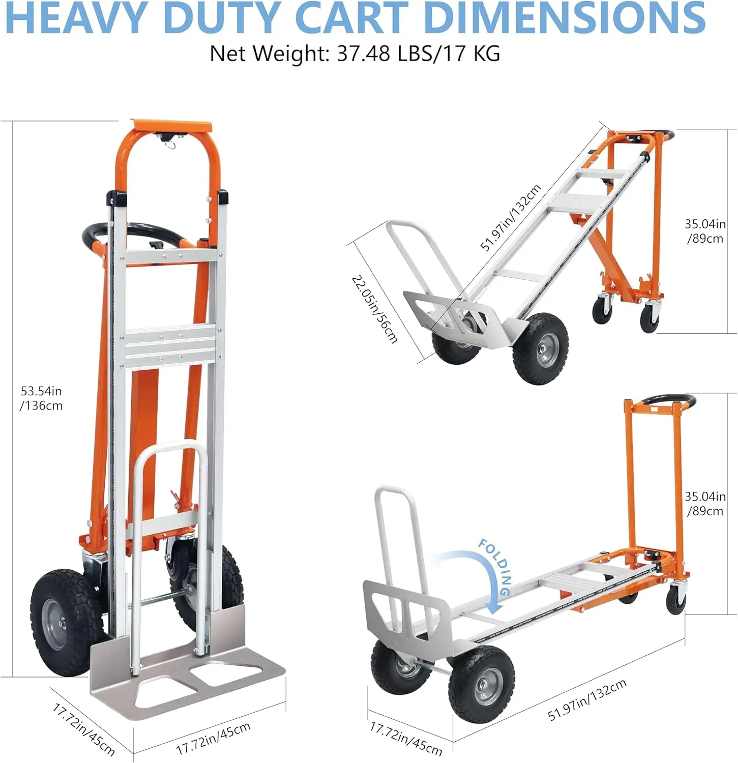 4 In 1 Convertible Hand Truck, Folding Hand Truck Dolly Cart With Solid Wheel, 1000Lbs Heavy Duty Aluminum Hand Truck For