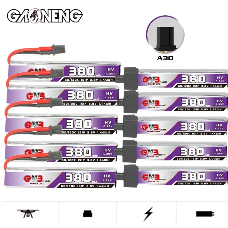 GNB 1S 3.8V 380mAh 60C Lipo Battery Cabled A30 BT2.0 High Current Discharge Connector For FPV RC Tiny Whoop Drone 3.8v Battery