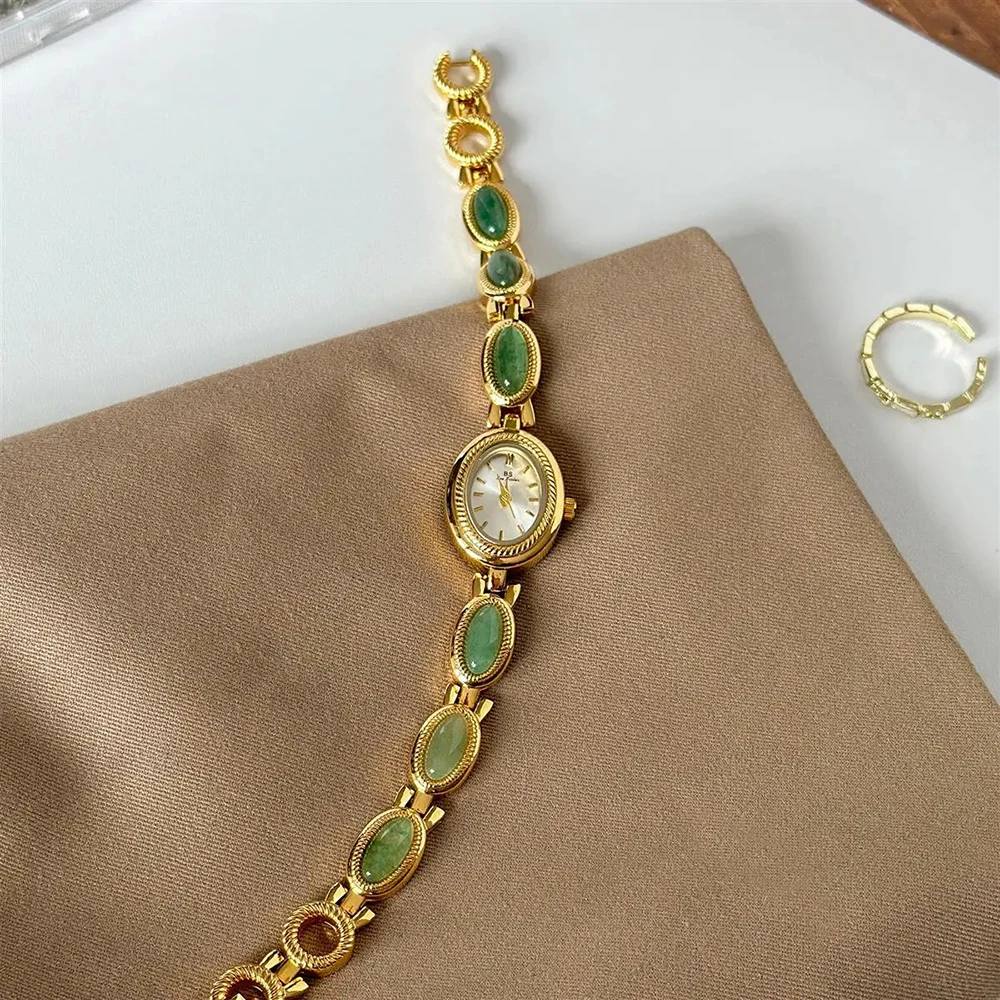 Women's Gold Watch Vintage Brown Jade Bracelet Small Dial Quartz Daily Wear Party Clock Luxury Waterproof Ladies Watches Gifts
