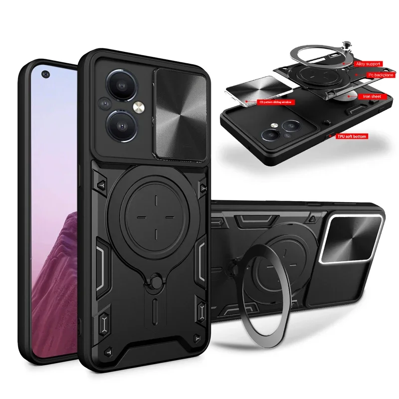 Lente de cámara deslizante, funda de teléfono con armadura de grado militar para OnePlus 13 12R Nord 4 N20 CE3 Lite 5G N30 SE, funda trasera con soporte de anillo