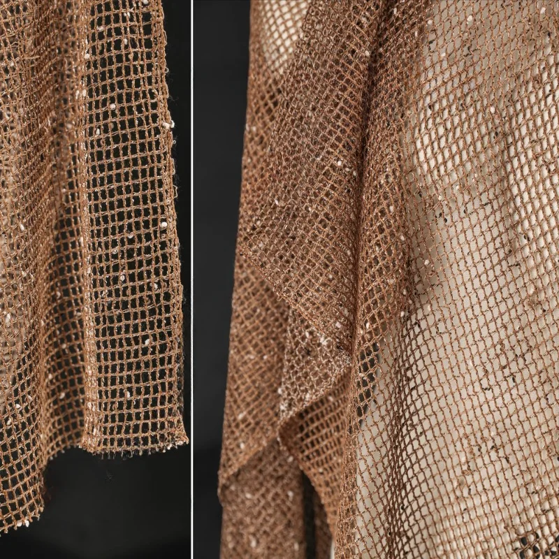 Brown Caramel Texture Particle Mesh Fabric Reconstructed Fish Mesh See Through Yarn Dress Clothing Designer Fabric