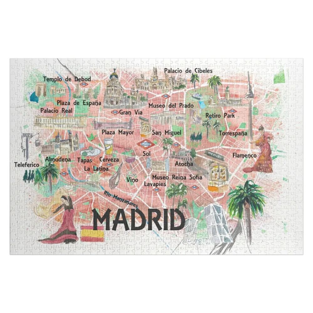 Madrid Spain Illustrated Travel Map with Roads Landmarks and Tourist Highlights Jigsaw Puzzle Customized Toys For Kids Puzzle