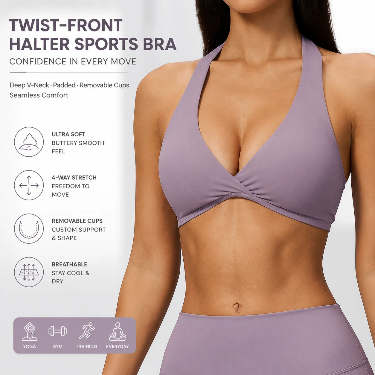 Premium Women's Halter Twist-Front Sports Bra Deep V-Neck Padded Bralette with Removable Cups Seamless Gym Crop Top Yoga Activew