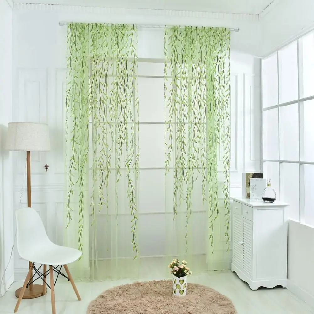 Wicker Style Purple Green Transparent Curtains Leaves Curtains Pastoral Style Floral Window Decorative for Bedroom Living Room