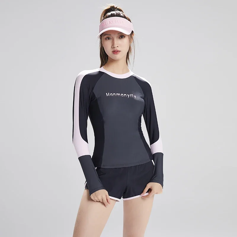 

Long Sleeve Two Piece Swimsuit Women Swimwear Sport Rash Guards Tankini Female New Patchwork Surfing Beach Bathing Suit