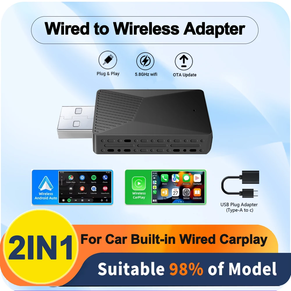 

2in1 Wireless Carplay&Android Auto Box Wired to Wireless Dongle Automatic Connect Adapter 5.0 Bluetooth Plug&Play Mini AI Box