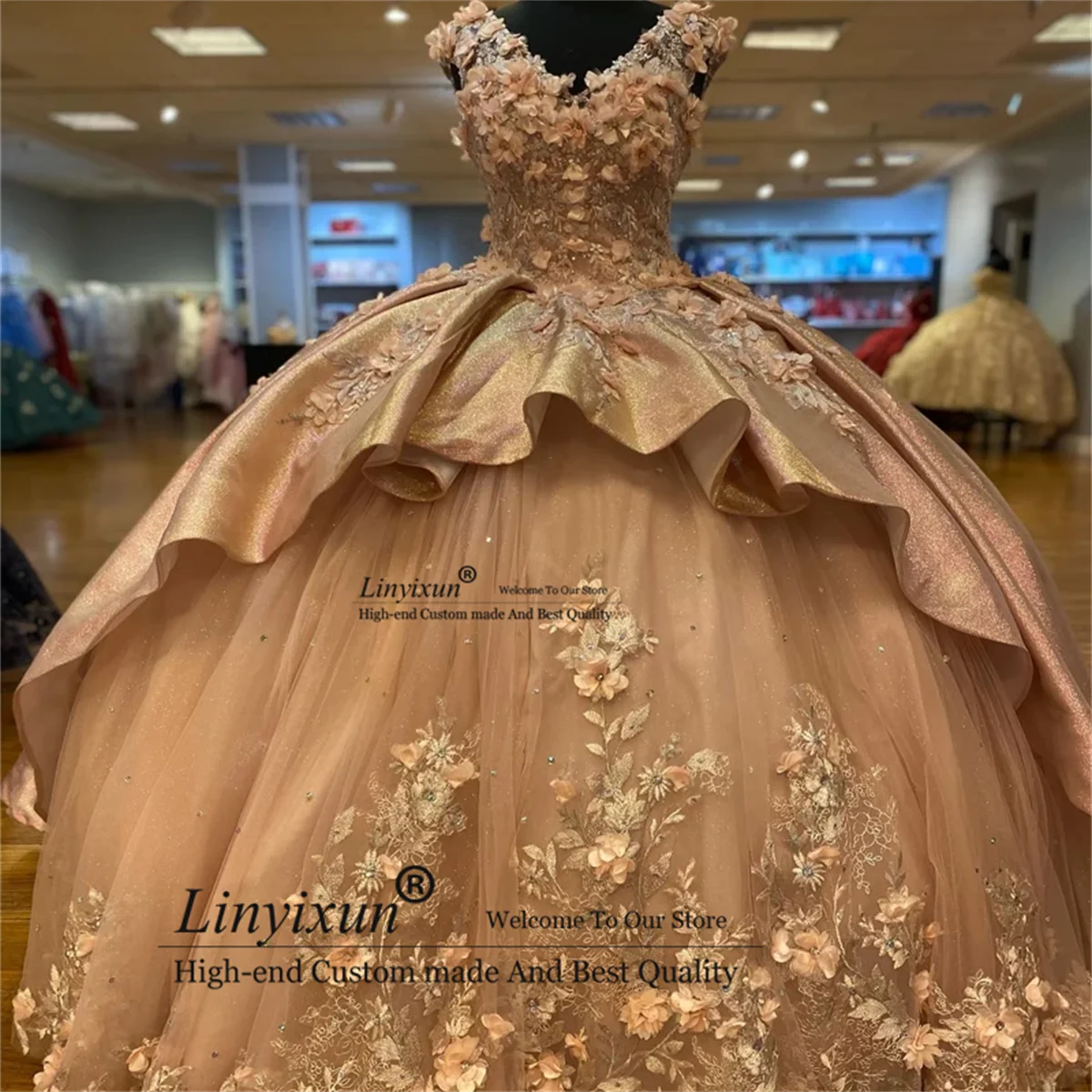 ชุดทองคำสีกุหลาบ quinceanera 3D เป็นประกายระยิบระยับหรูหราดอกไม้ปิดไหล่ชุดไปงานเต้นรำเจ้าหญิงสำหรับหวาน16ส่วนวันเกิด