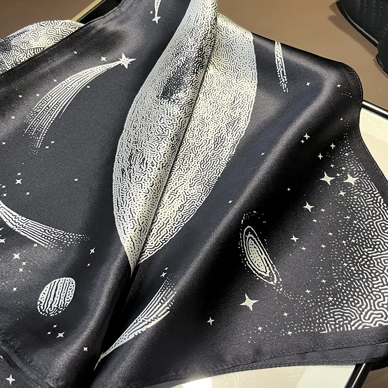 Spring Autumn 12MuMi Thin Black White Moon Tianma Star Sky Meteor Real 100% Mulberry Silk 70CM Square Scarf Shawls Tie Scarves