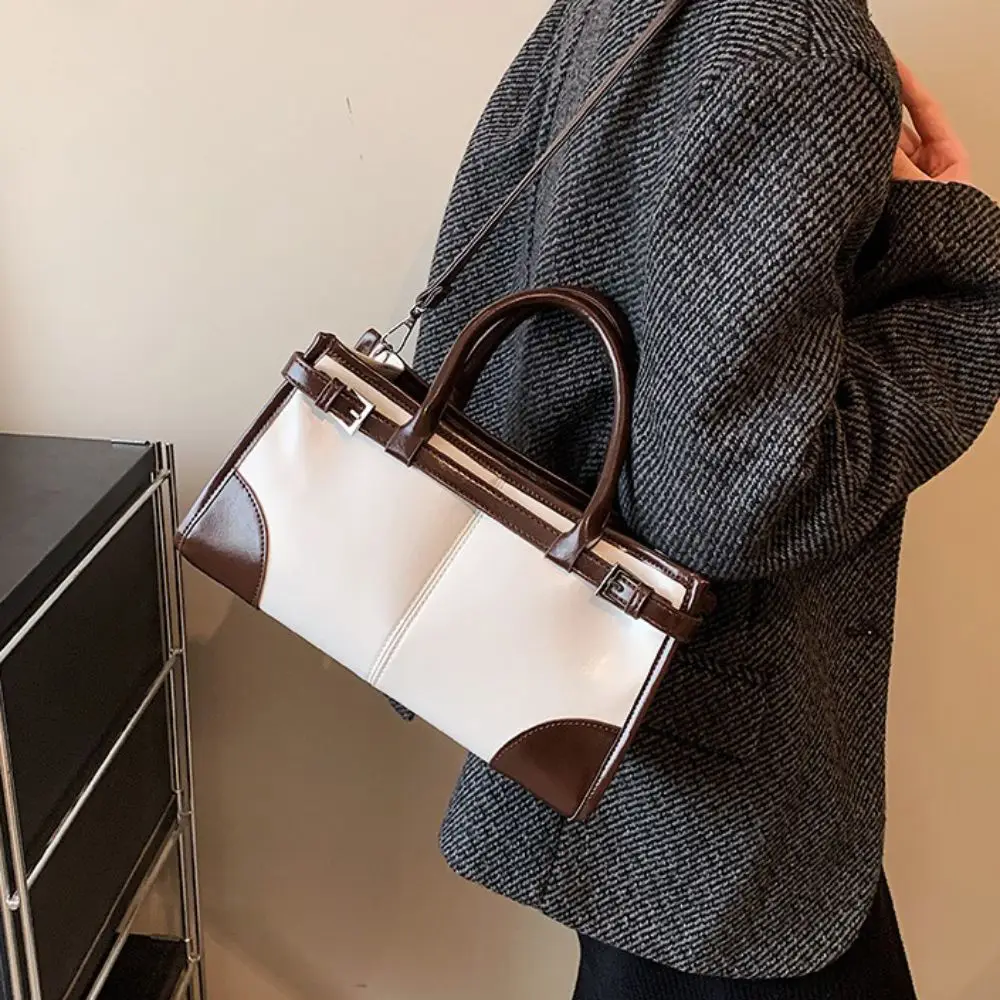 Vintage Colorblock Shoulder Bag PU Leather Square Shape Crossbody Bag Large Capacity Belt Design Shopper Tote Diaper