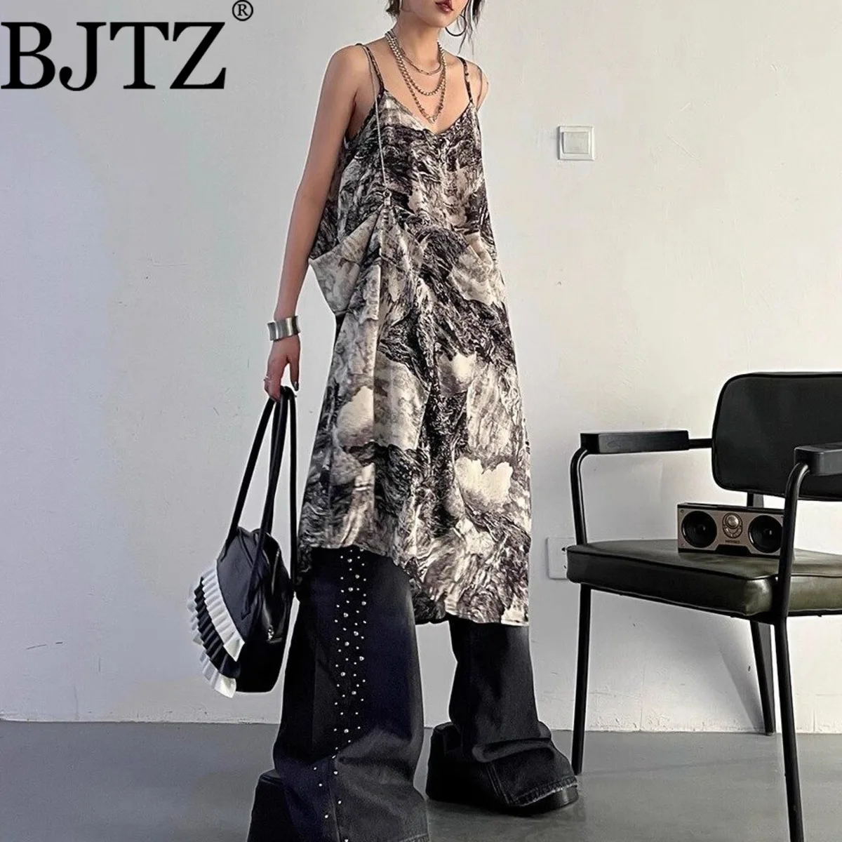 

BJTZ Y2K летнее шифоновое платье сексуальное длинное платье на тонких бретельках с китайским чернильным принтом и разрезом в праздничном стиле