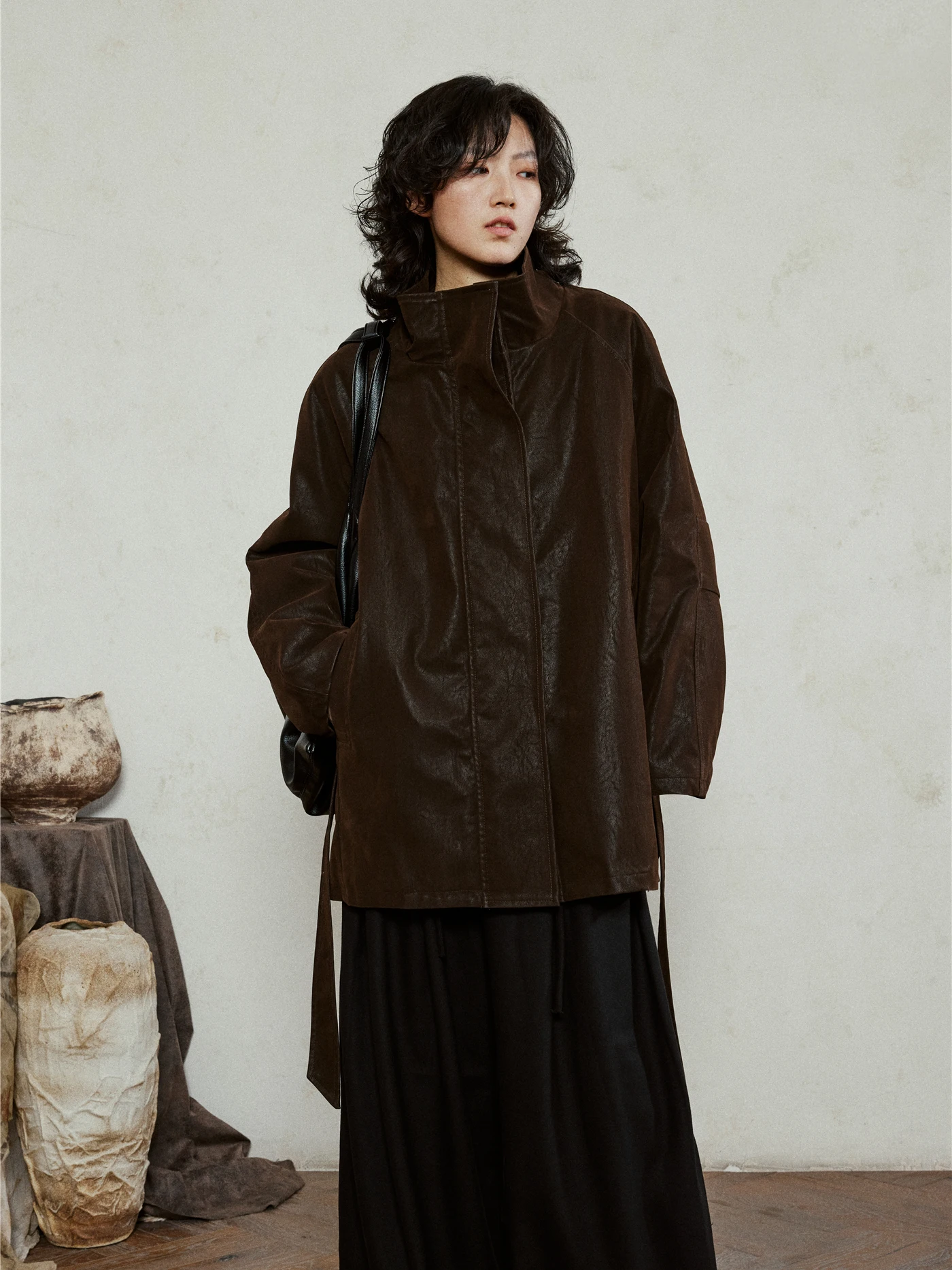 SUNYVONNE Soft Matte Leather Jacket Coat with Belt Mid-Length Cotton Sandwich Stand Collar Long Sleeve Women's Fashion