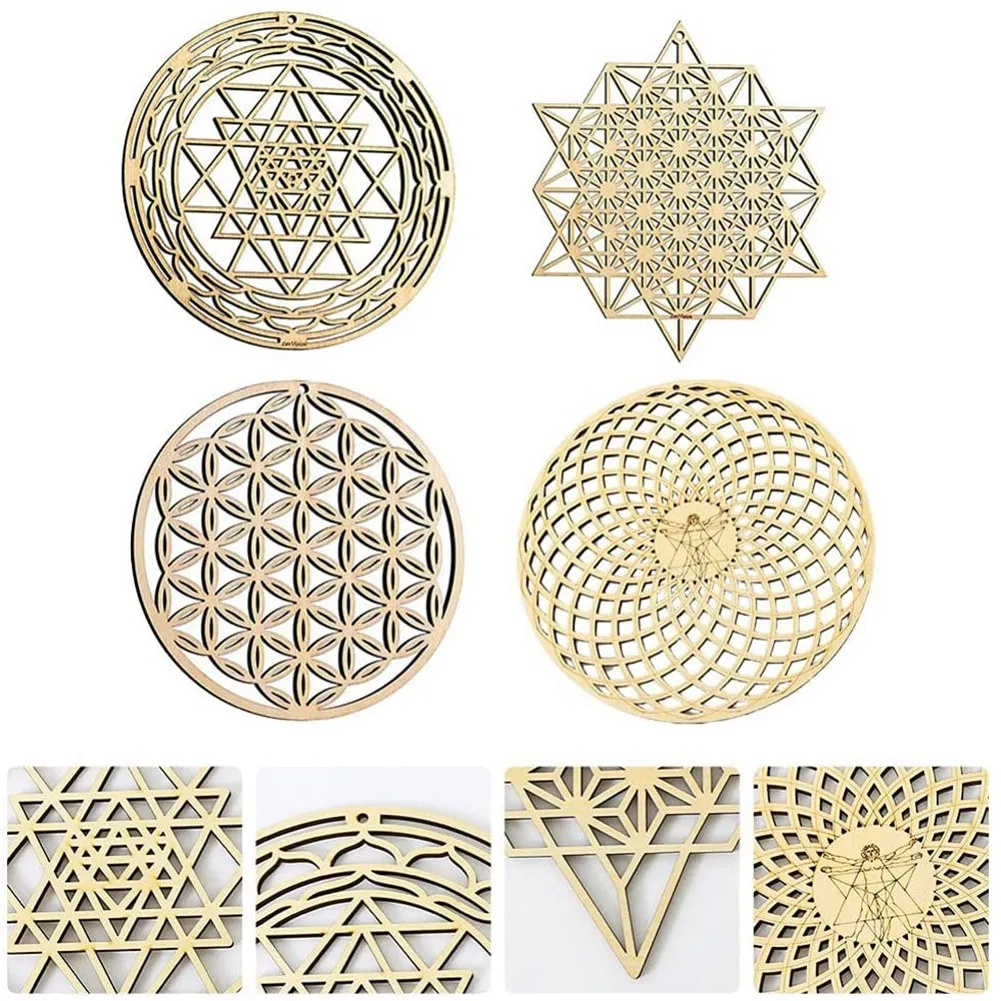 

AA80-4Pcs Sacred Geometry Wall Art Flower Of Life Grid Wooden Accent Decor Wooden Crystal Grid Board Wooden Wall Sculpture