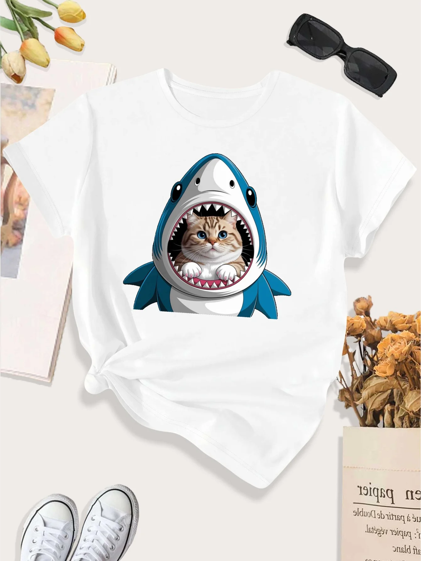 Haifisch-Kostüm Verspieltes Damen-Freizeit-Sport-T-Shirt Sommer Kurzarm Harajuku Streetwear Oberteile Ästhetische Kleidung