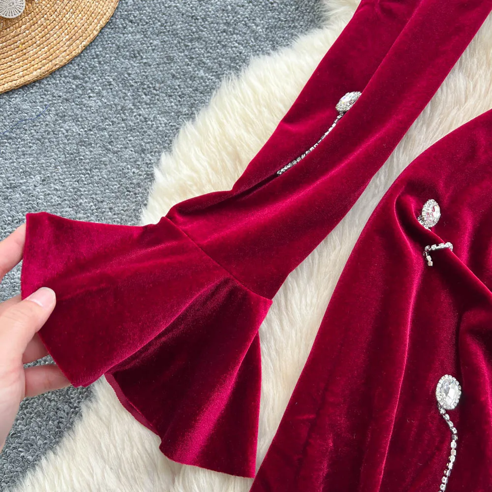 vintage elegante vierkante hals flare mouw velours jurk vestidos damesmode retro feestceremonie jurken