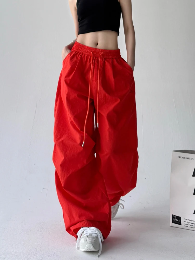 Eleganckie pomarańczowe spodnie robocze damskie na wiosnę i lato, cienkie, plisowane, z szerokimi nogawkami, codzienne spodnie, wygodne, luźny krój, wysoki stan, materiał nylonowy.