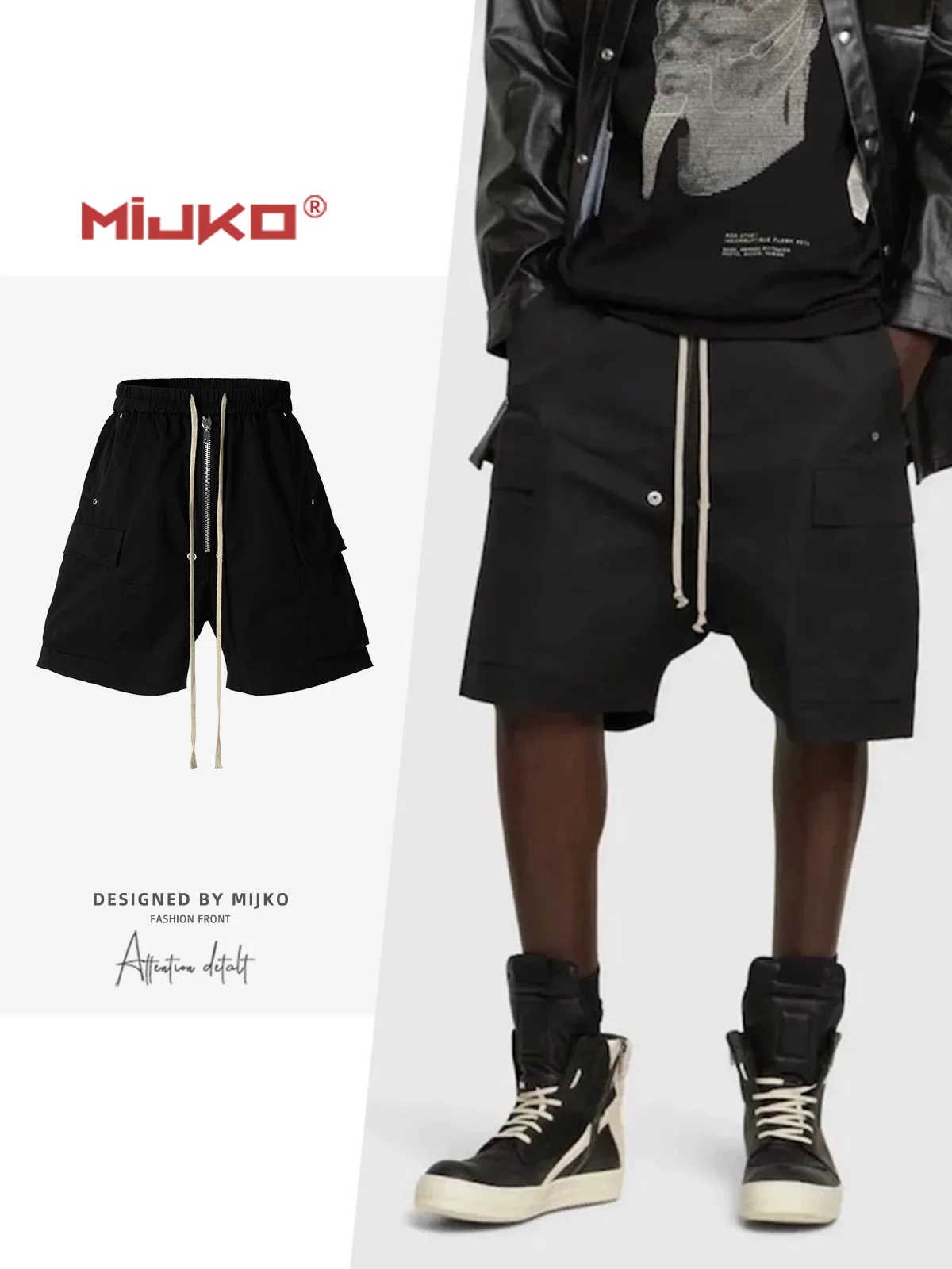 

MIJKO Multi Zipper Shorts Black Cleanfit Wide Leg Cargo Shorts for Men Loose Baggy Summer Drawstring Shorts 8417