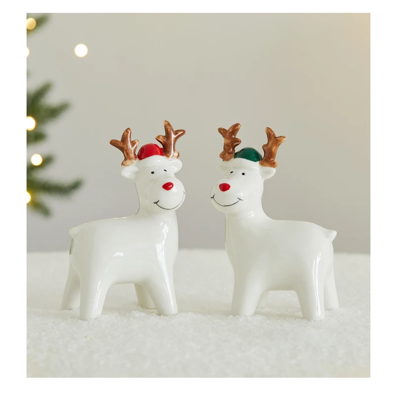 زخرفة سيراميك لرجل الثلج لسطح المكتب لتزيين عيد الميلاد، دعائم ترتيب مشهد نافذة مركز التسوق الصغير على شكل الأيائل