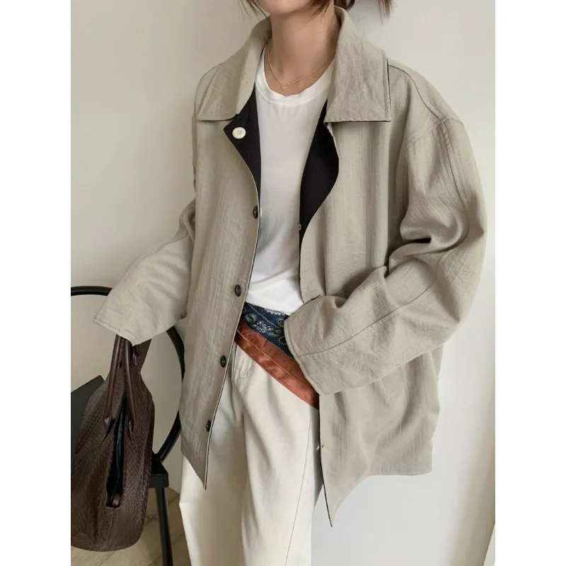 

Flax Coat on Both Sides Retro Contrast Ladies Windbreaker 2025 Autumn New