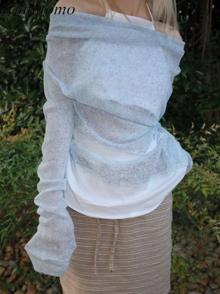 

Kimutomo вязаные футболки женские лоскутные из двух предметов Холтер с открытыми плечами осень новая мода Y2k сексуальные топы женские повседневные