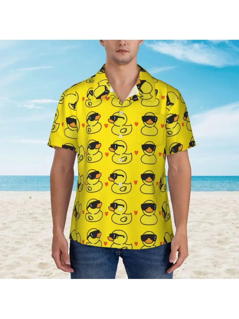 Cute Yellow Duck Print Men\'s Street Beach Casual Suit Casual Button Down Collar Shirt Comfortable Drawstring Shorts Casual