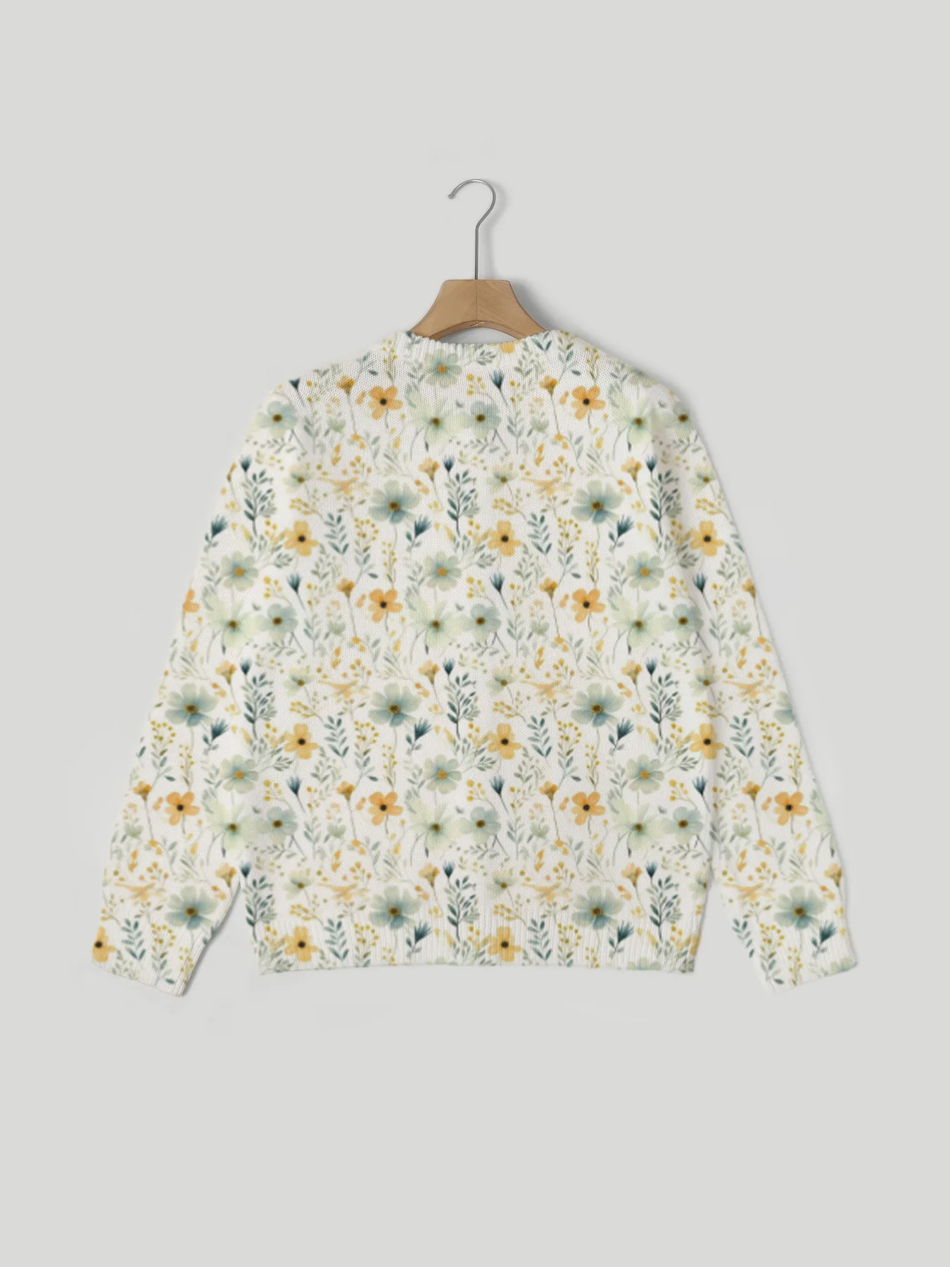 Um cardigã feminino estampado com um estilo elegante e simples de suéter de malha flor e grama, gola redonda casual e formal nós