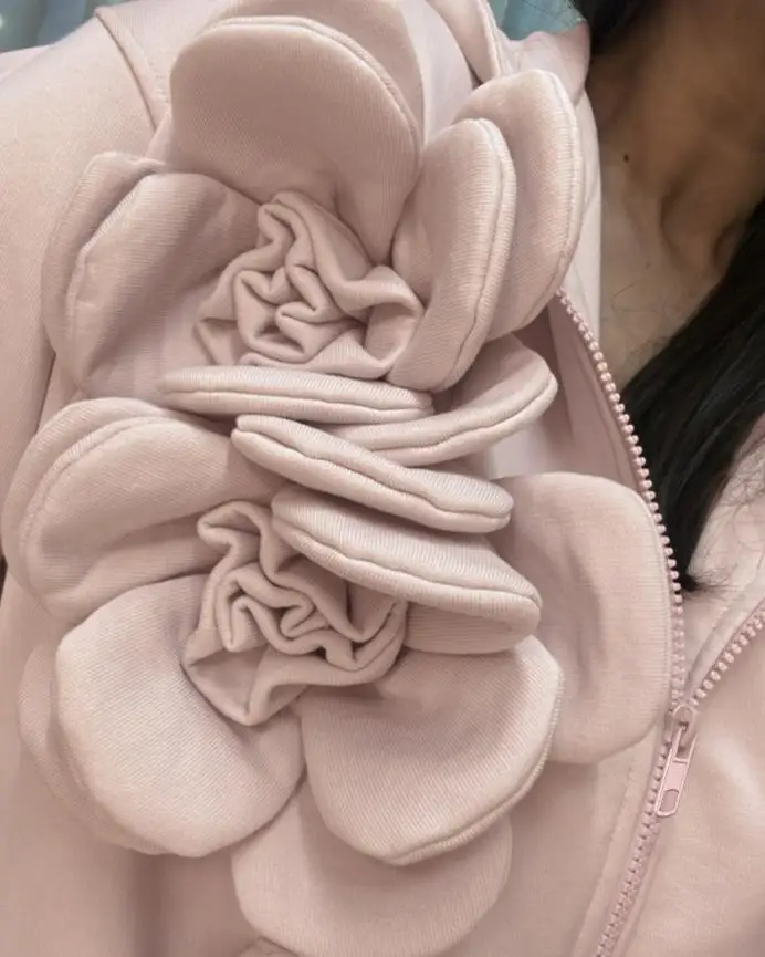 3D Flower Decorated Hooded Jacket with Casual Zipper and Loose Front Pocket, Autumn Fashionable Solid Color Personalized Jacket