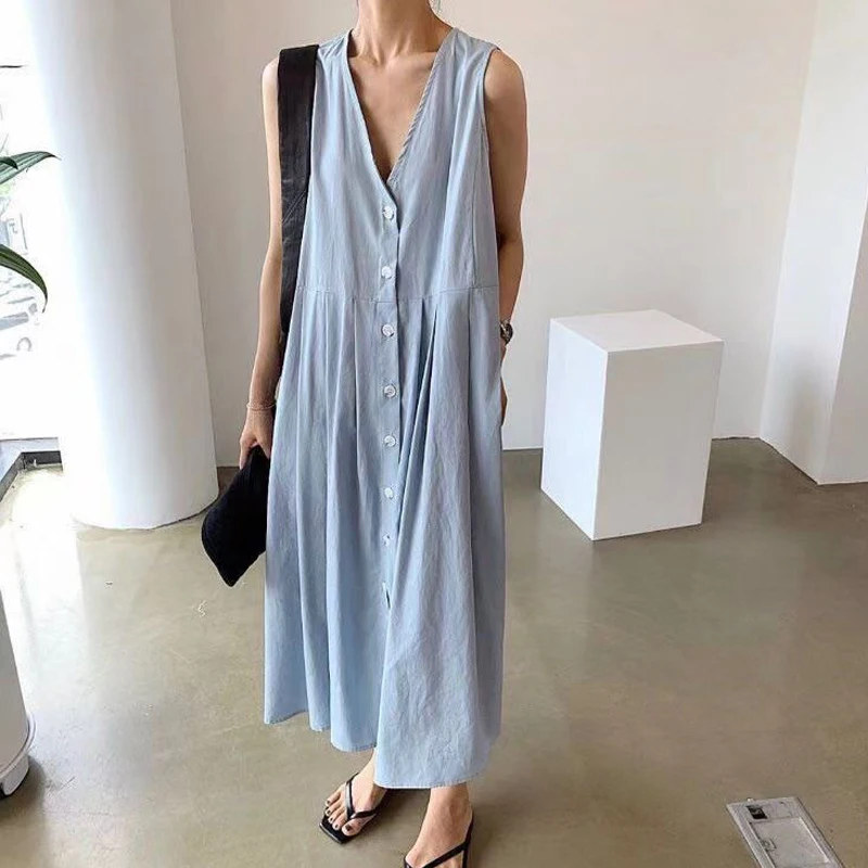 Johnature Korean Deep V-neck New Simple Women Dresses 2024 Summer New Casual Solid Color Loose Single-breasted Dress