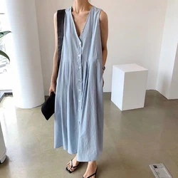 Johnature Korean Deep V-neck New Simple Women Dresses 2024 Summer New Casual Solid Color Loose Single-breasted Dress