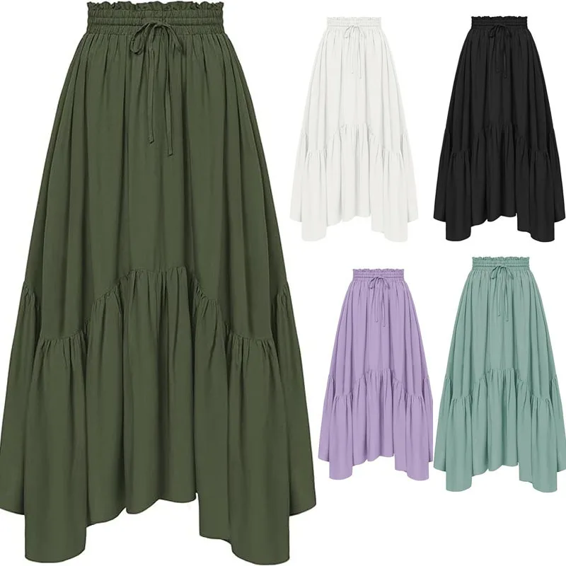 Summer Renaissance Womens Pleated Flowy High Waist Long Dress European American Style