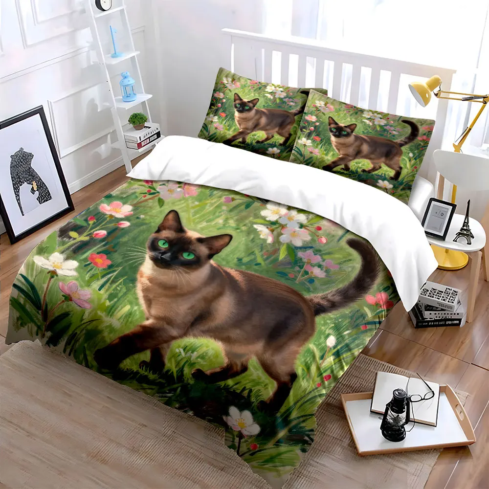 Cat with green eyes in blooming field Printed Duvet Cover Set 1 Duvet Cover+2 Pillowcase Multi Size Bedroom Bedding Decor
