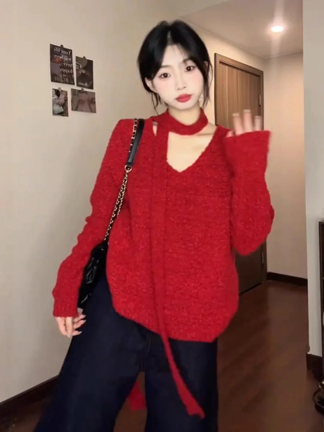 

Red V-Ne Sa Hanging Ne Loose Knitted Sweater for Women Autumn Winter Casual Sle Faionable Ladies Top