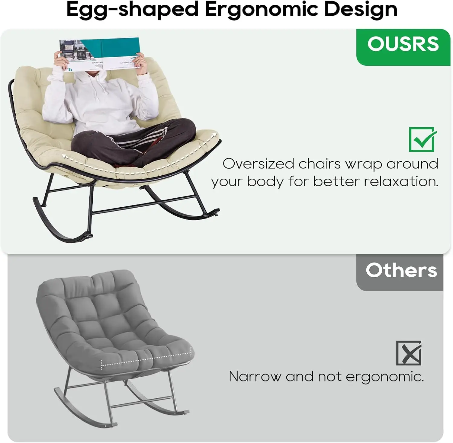 Patio Rocking Papasan Chair, Outdoor & Indoor Egg Reading Chair, Oversized Royal Comfy Cozy Lounge Rocker Recliner with