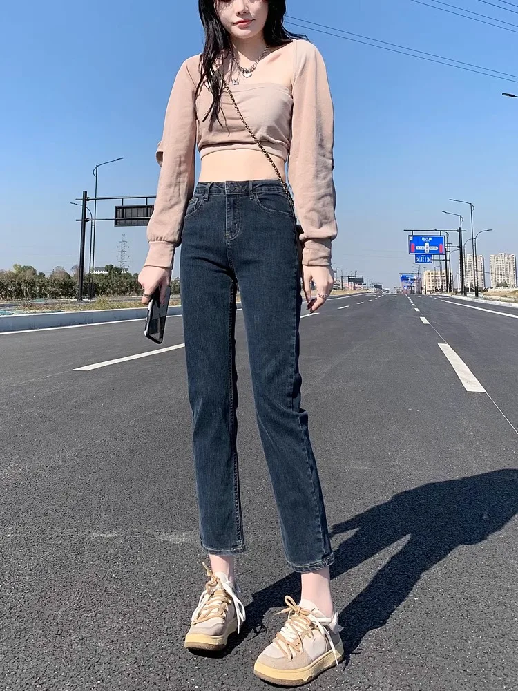 

High Waist Elastic Straight Leg Jeans Women's New 2025 Spring Slimming Small Size Smoke Tube Pants Cotton Stretch Denim
