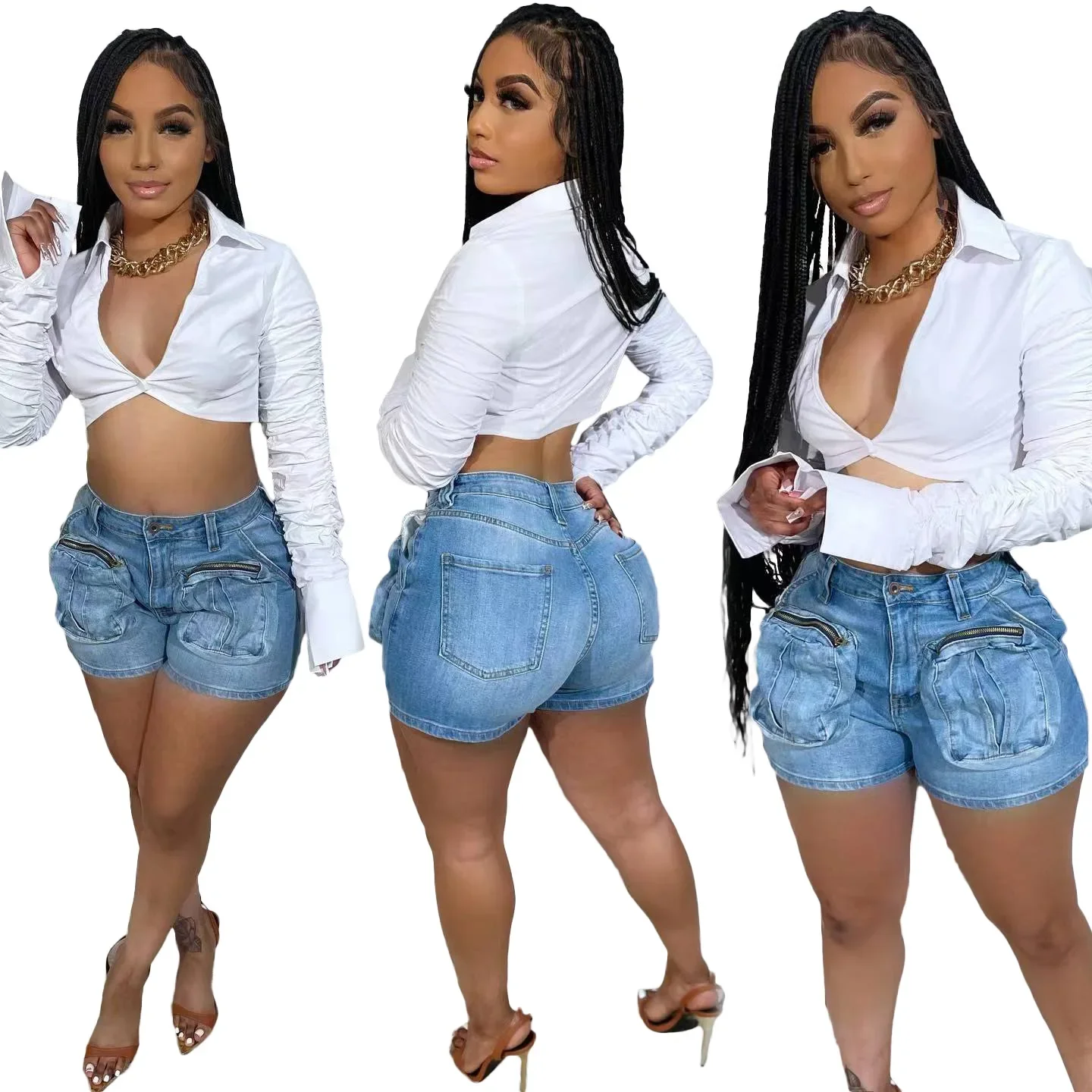 

Женские джинсовые шорты Cargo из денима, однотонные, с накладными карманами, с высокой талией, рваные, потертые, облегающие, повседневные, летние, на молнии, 2026