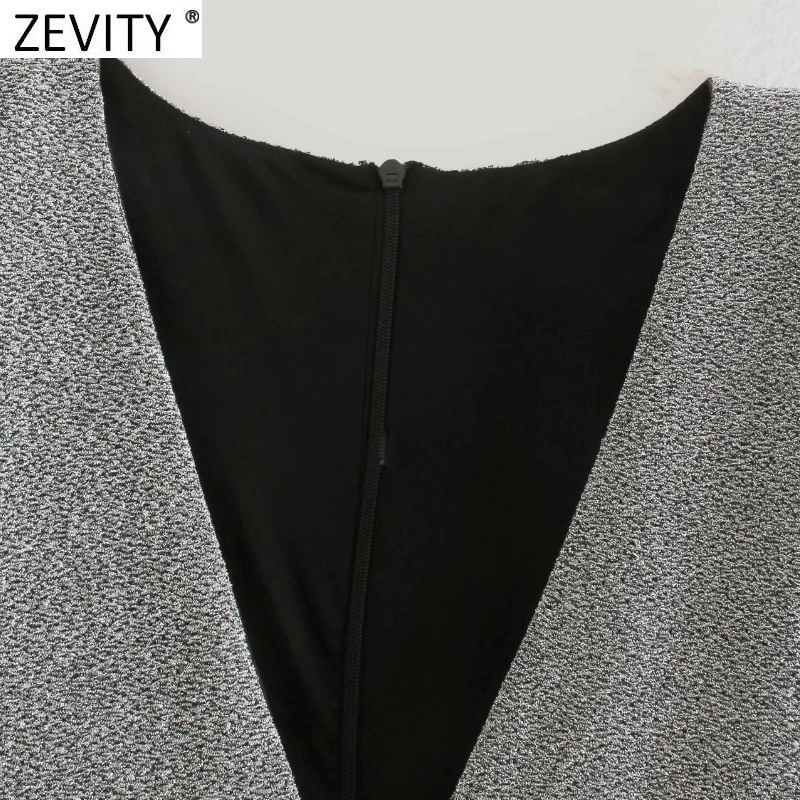 Zevity Women Sexy V Neck Metal Color Slim Bodysuits Lady Chic Shoulder Padded Back Zipper Club Party Playsuits Rompers LS9930