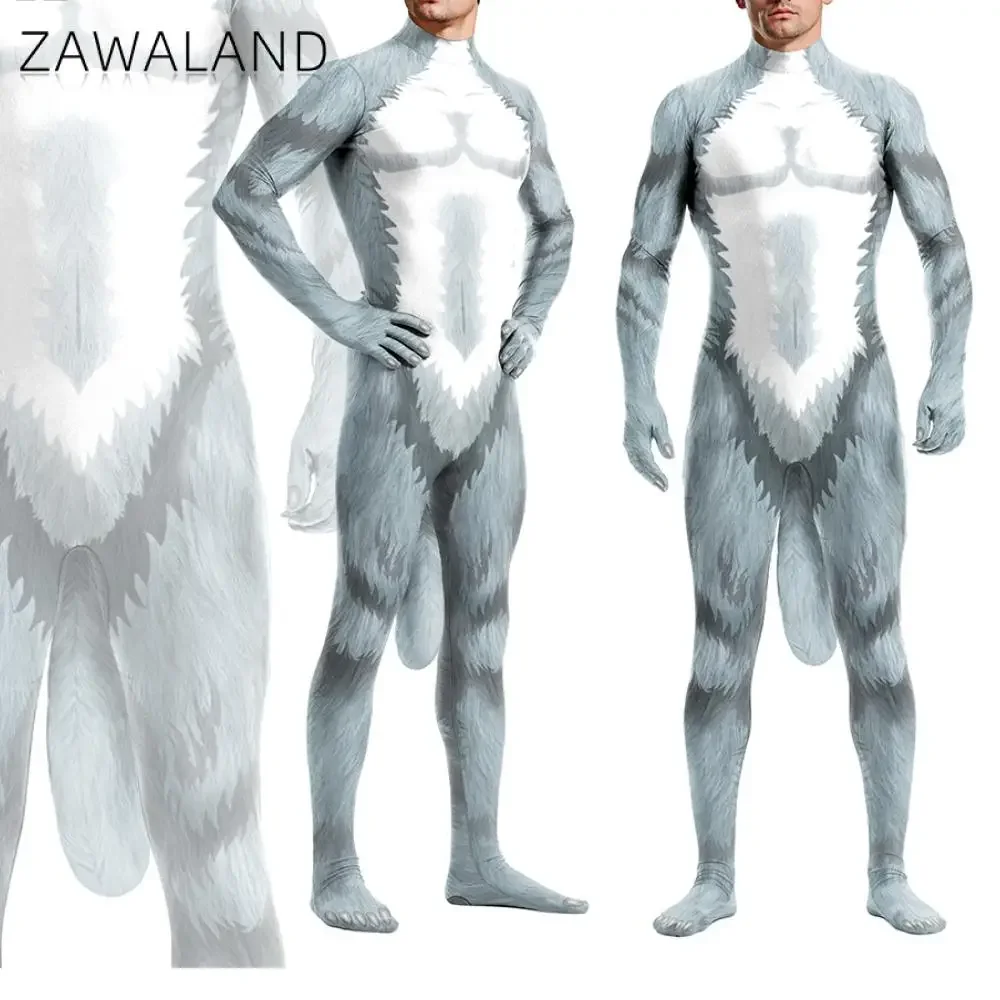 

Zawaland Adults Wolf Costume Full Bodysuit Cosplay Wolf Animal Print Zentai Suits with Big Tail Men Carnival Party Jumpsuits