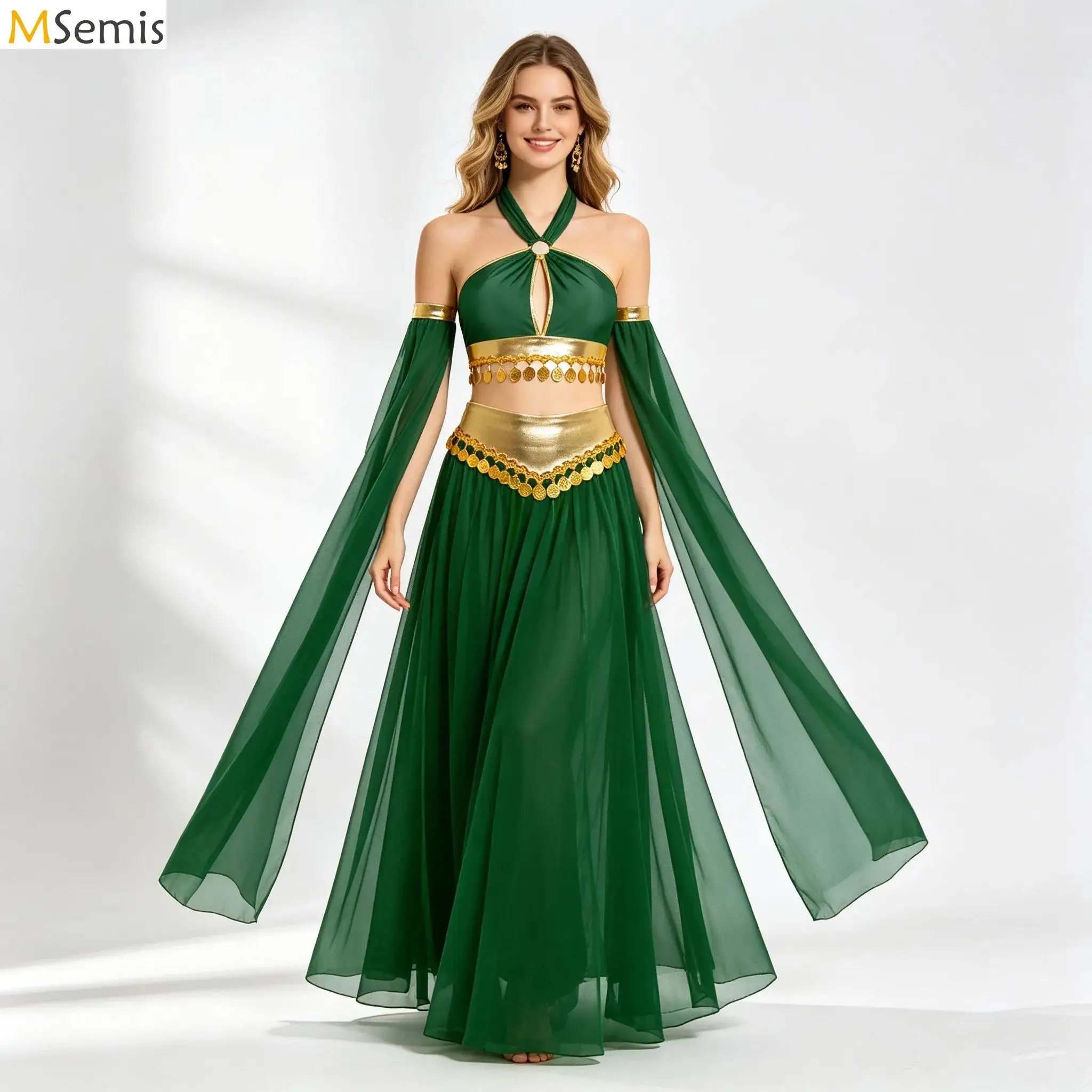 Traje de Danza del Vientre para Mujer, Estilo Árabe, Oriental, Indio, Gitano, con Lentejuelas en el Dobladillo, Top Corto y Falda de Chifón, Disfraz de Princesa para Cosplay