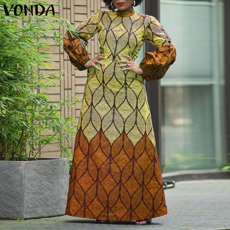 

Женское длинное платье макси VONDA больших размеров 5XL, в богемном стиле, с принтом, повседневное, свободное, с рукавами-фонариками, воротником-стойкой, для вечеринок, модель 2026 года