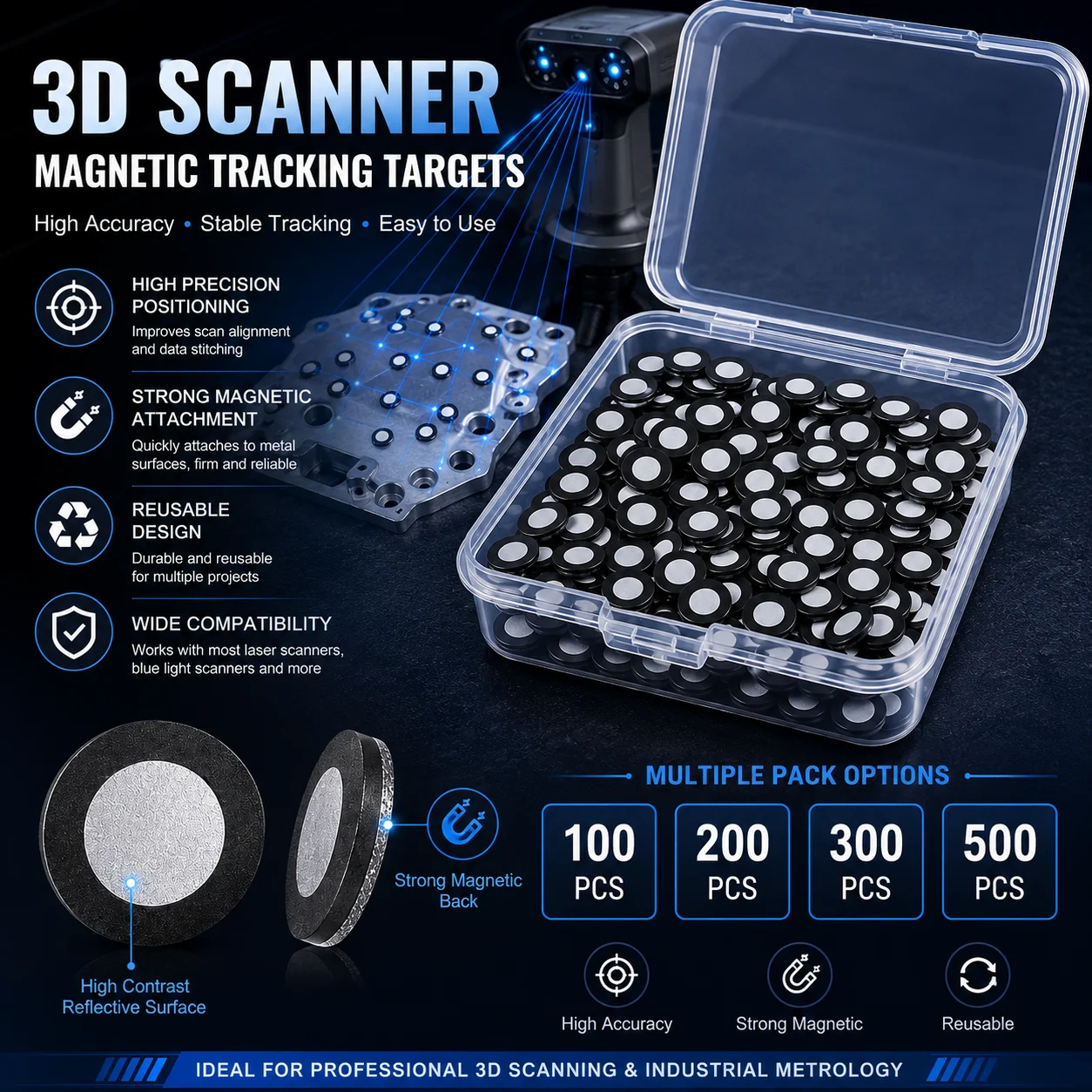100-500 Pcs 3D Scanner Markers, 3D Magnetic Tracking Dot for Scanning, Diffuse Reflective Positioning Targets 6.0 Mm Outer 10 Mm