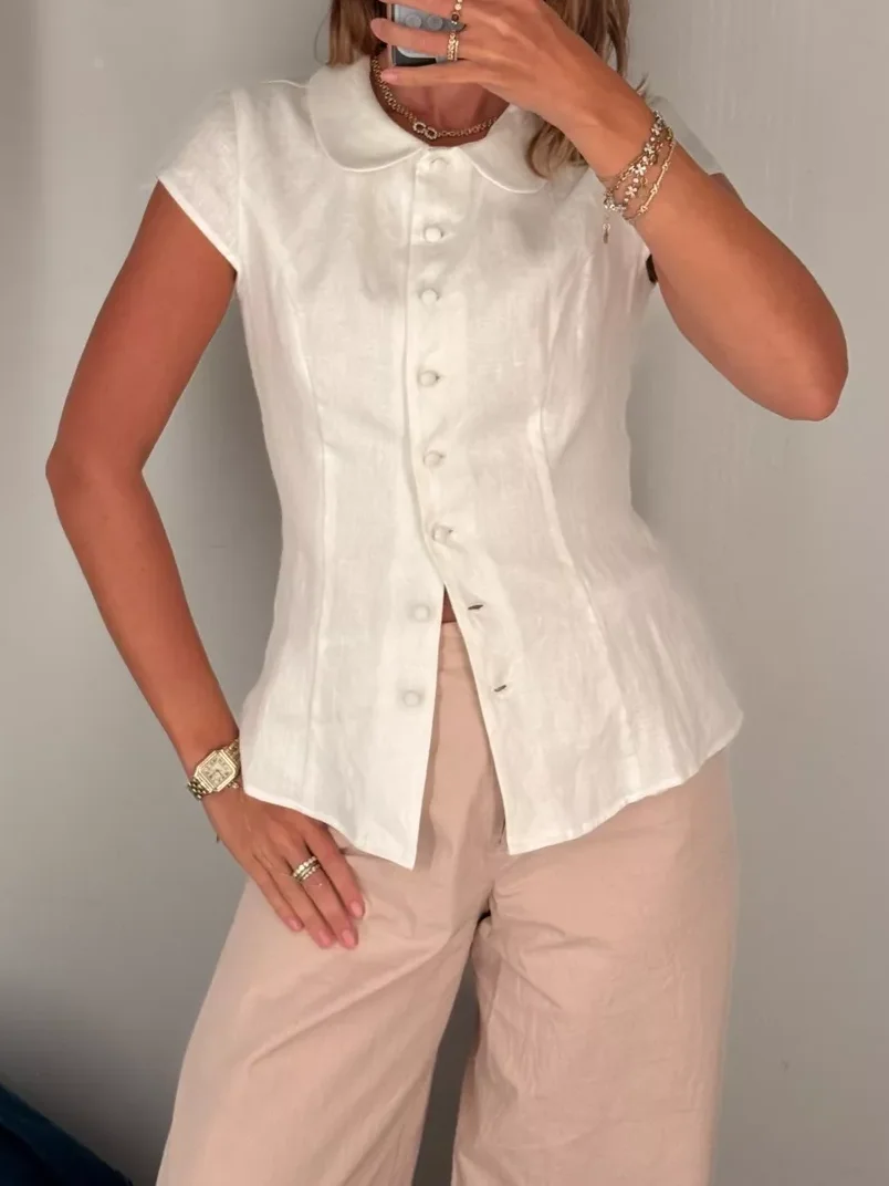 

Women Linen White Blouse Top Peter Pan Collar Short Sleeve Single Breasted Lace-up Waist Casual Slim Shirt