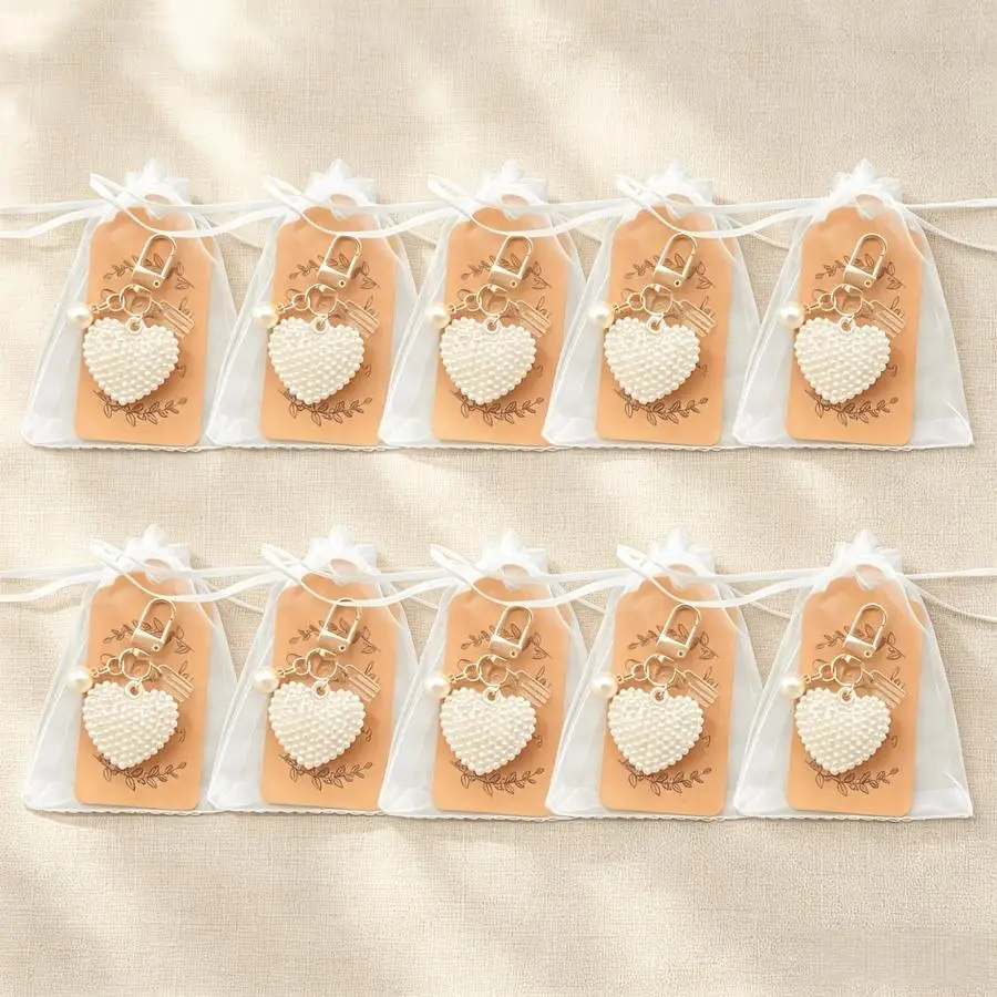 1/5/10/20/50/100pcs Heart-Shaped Keychain Set with Large Faux Pearls, 30 pieces/10 sets (10 keychains + 10 cards + 10 gauze bags