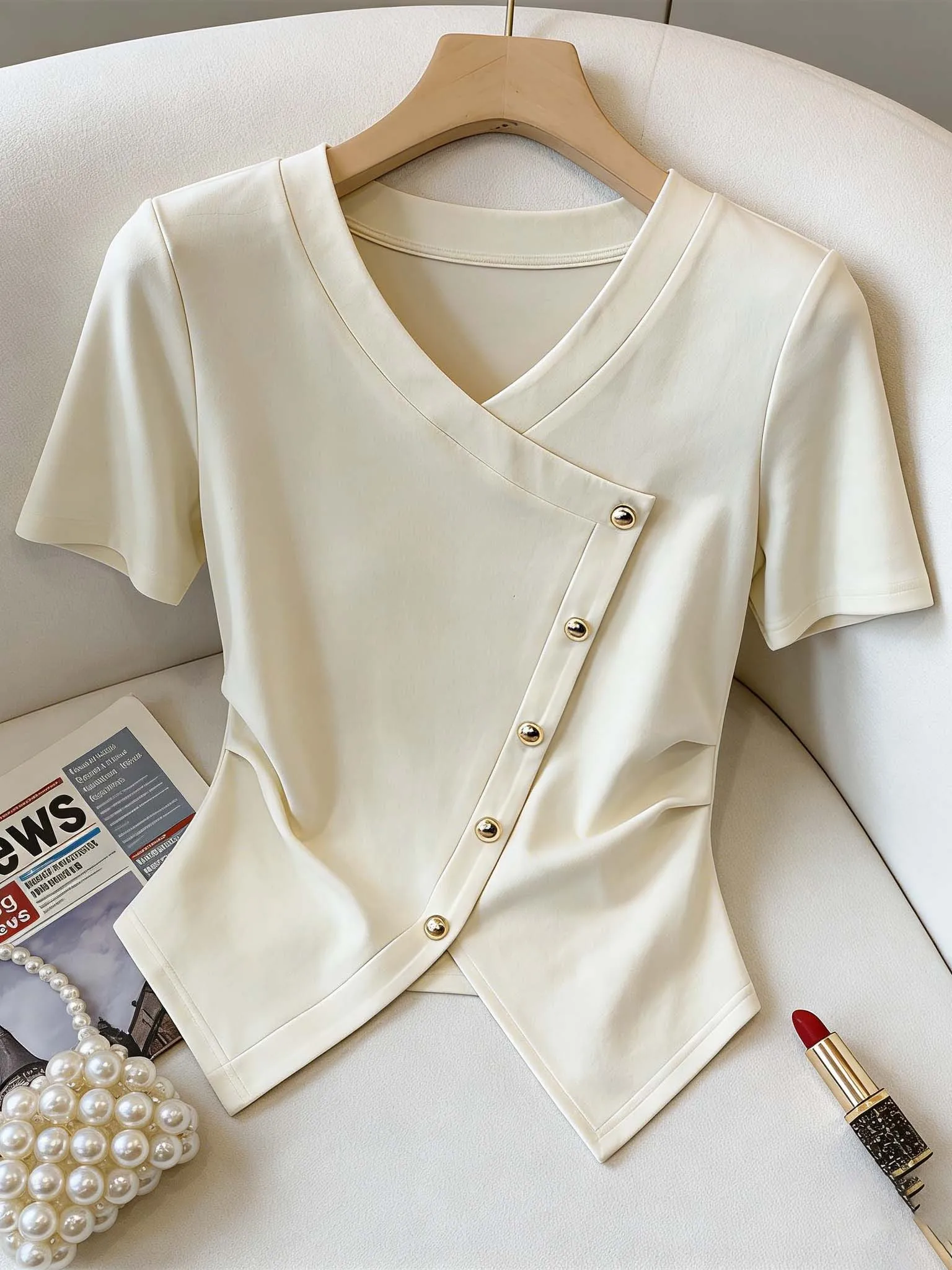 

Summer New Style Casual V-Neck Short Sleeve T-Shirt plus Size Women Elegant Simple Korean Version Commute Style Breathable Sk...