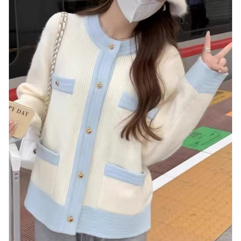 Lazy Wind Loose Knitted Cardigan Women Casual Color Block Patchwork Chic Pocket Sweater Fall Winter All Match Knitwear Outwear