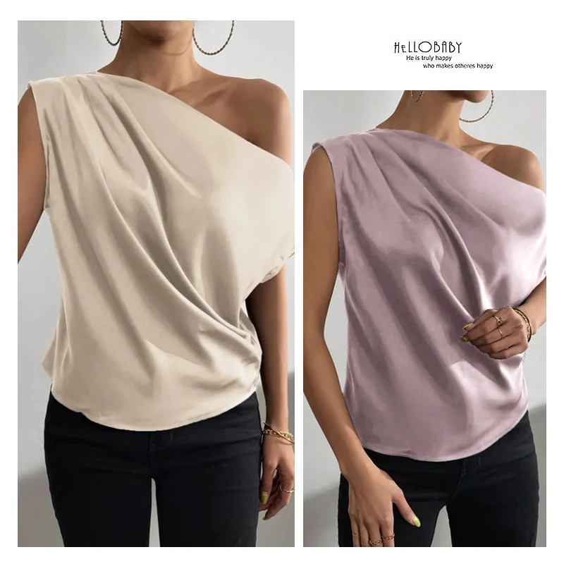 

2025 Spring Solid Color Satin Imitation Silk Irregular Slanted Shoulder One-word Collar Pullover Sleeveless Shirt