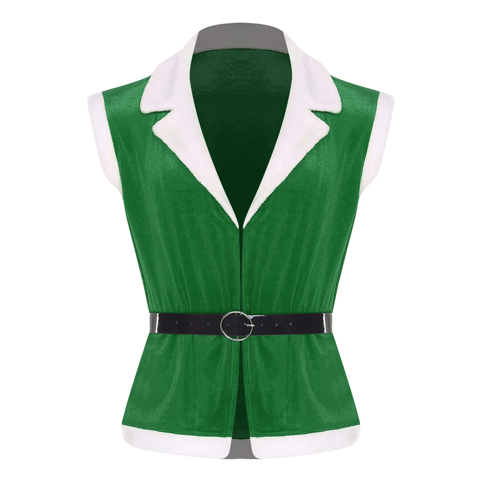 

Mens Christmas Santa Vest Sleeveless Open Front Contrast Color Velvet Outwear with Adjustable Faux Leather Belt for Xmas Parties